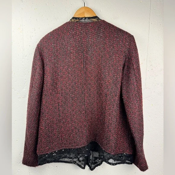 Chico's Women’s Red/Burgundy Tweed Blazer with Black Lace Detail Chico’s 2/Large - Picture 2 of 11